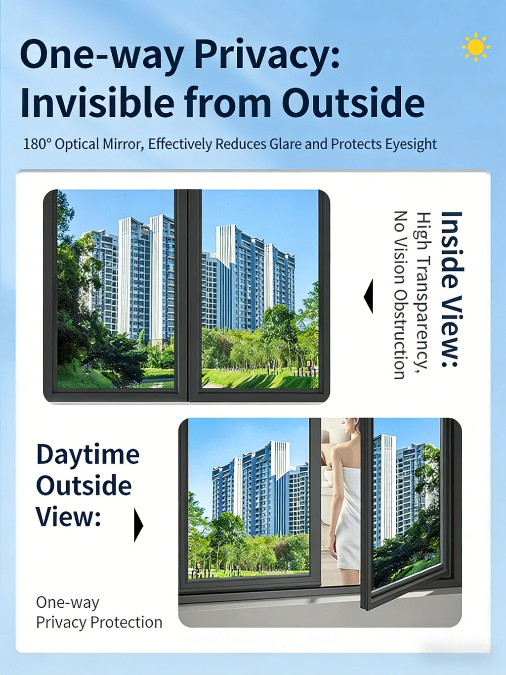 One Way Mirror Window Film, Daytime Privacy See Out Not In, Static Cling Sun Control Tint for Home and Office Windows