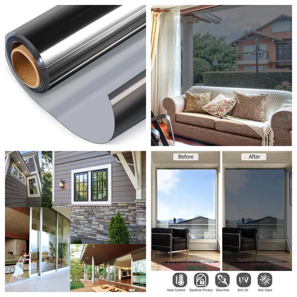 Window Film One Way Mirror Tint Vinyl Daytime Privacy Static Non-Adhesive Decorative Heat Control Anti UV Window Covering Silver