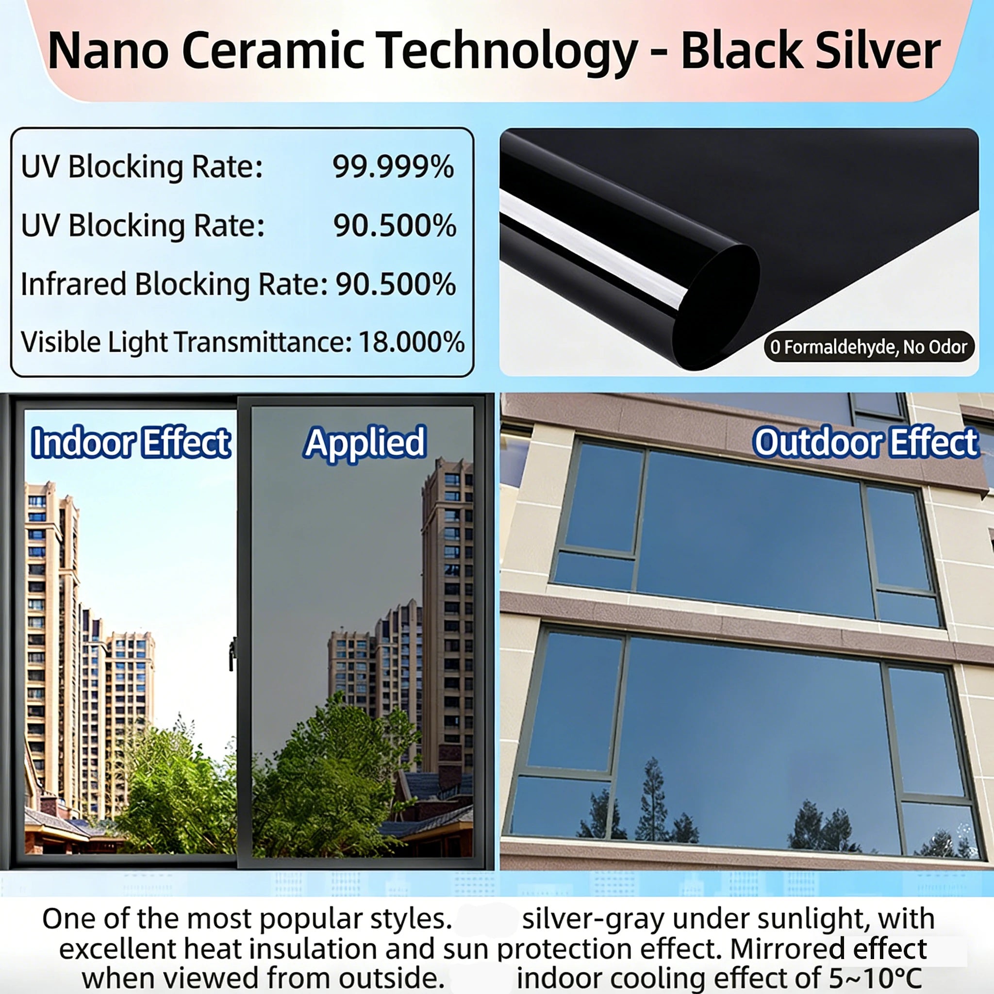 One Way Mirror Window Film, Daytime Privacy See Out Not In, Static Cling Sun Control Tint for Home and Office Windows