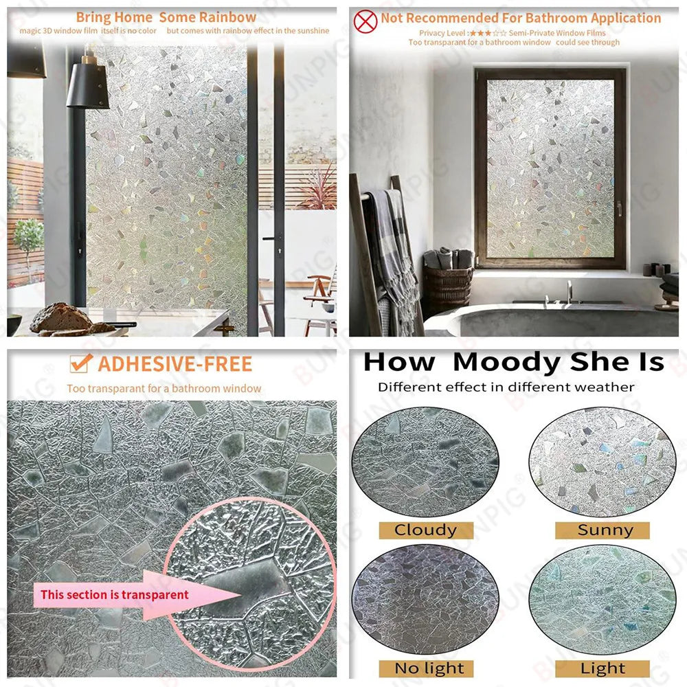 Window Privacy Film Rainbow Static Clings Heat Control Window Insulation Sun UV Protection Glass Vinyl Film for Home