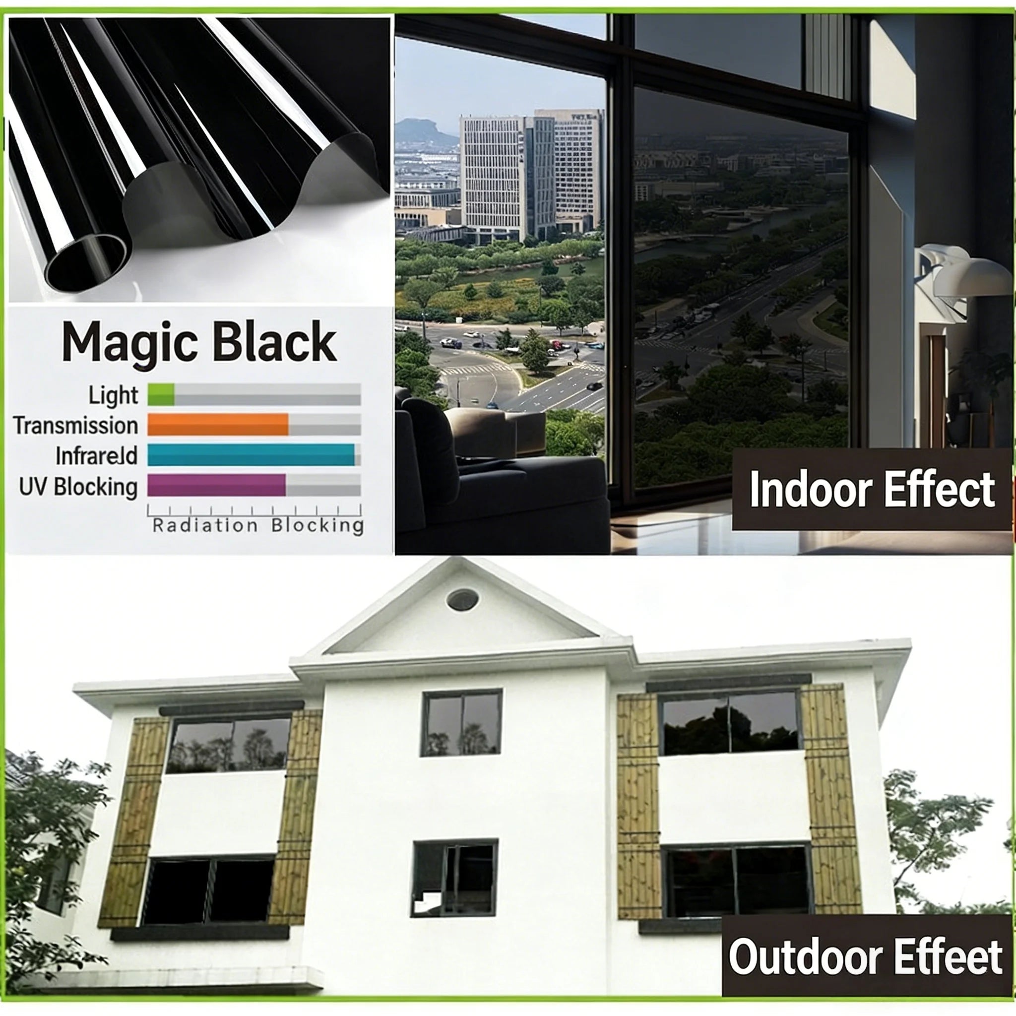 100% Blackout Window Film Total Darkness Privacy Black Window Tint Heat Insulation for Bedroom Nursery Home Theater
