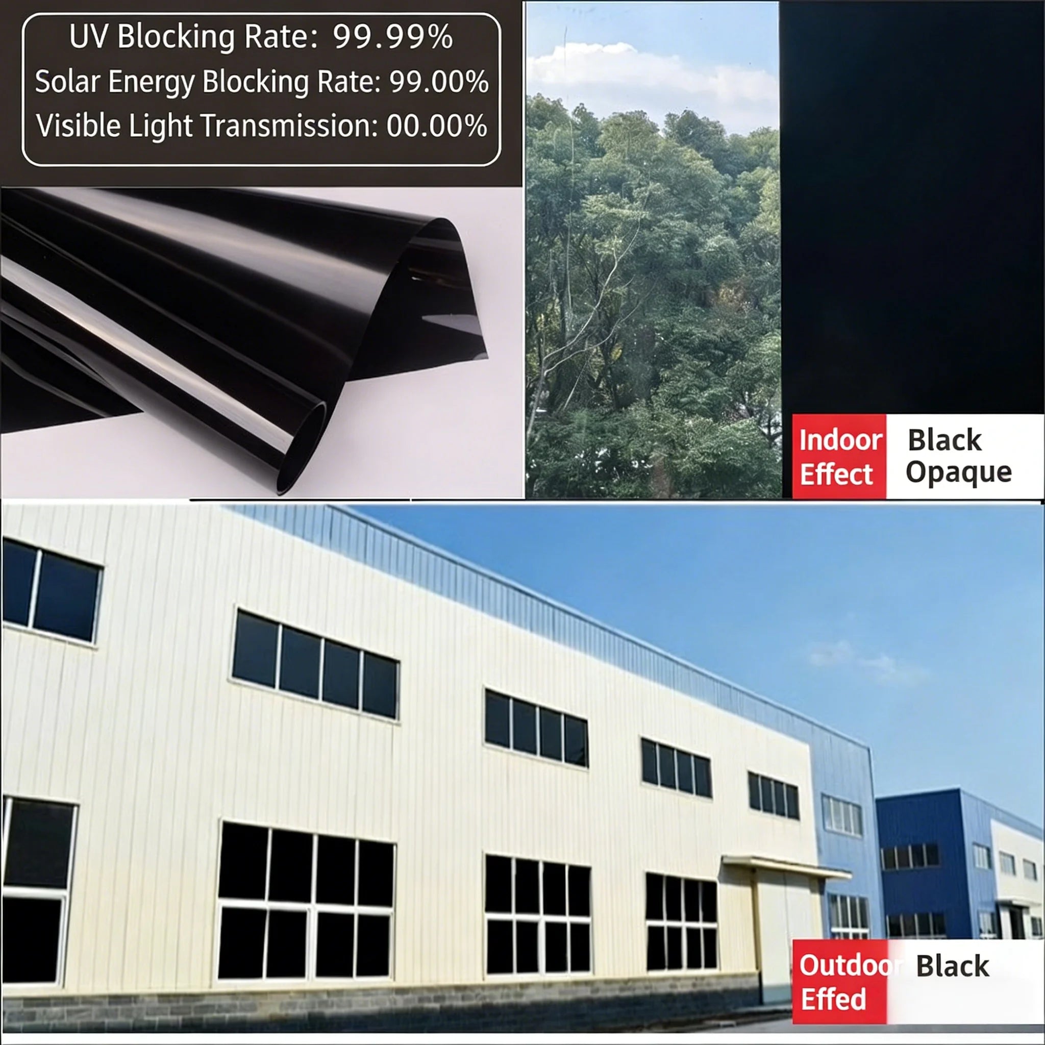 100% Blackout Window Film Total Darkness Privacy Black Window Tint Heat Insulation for Bedroom Nursery Home Theater