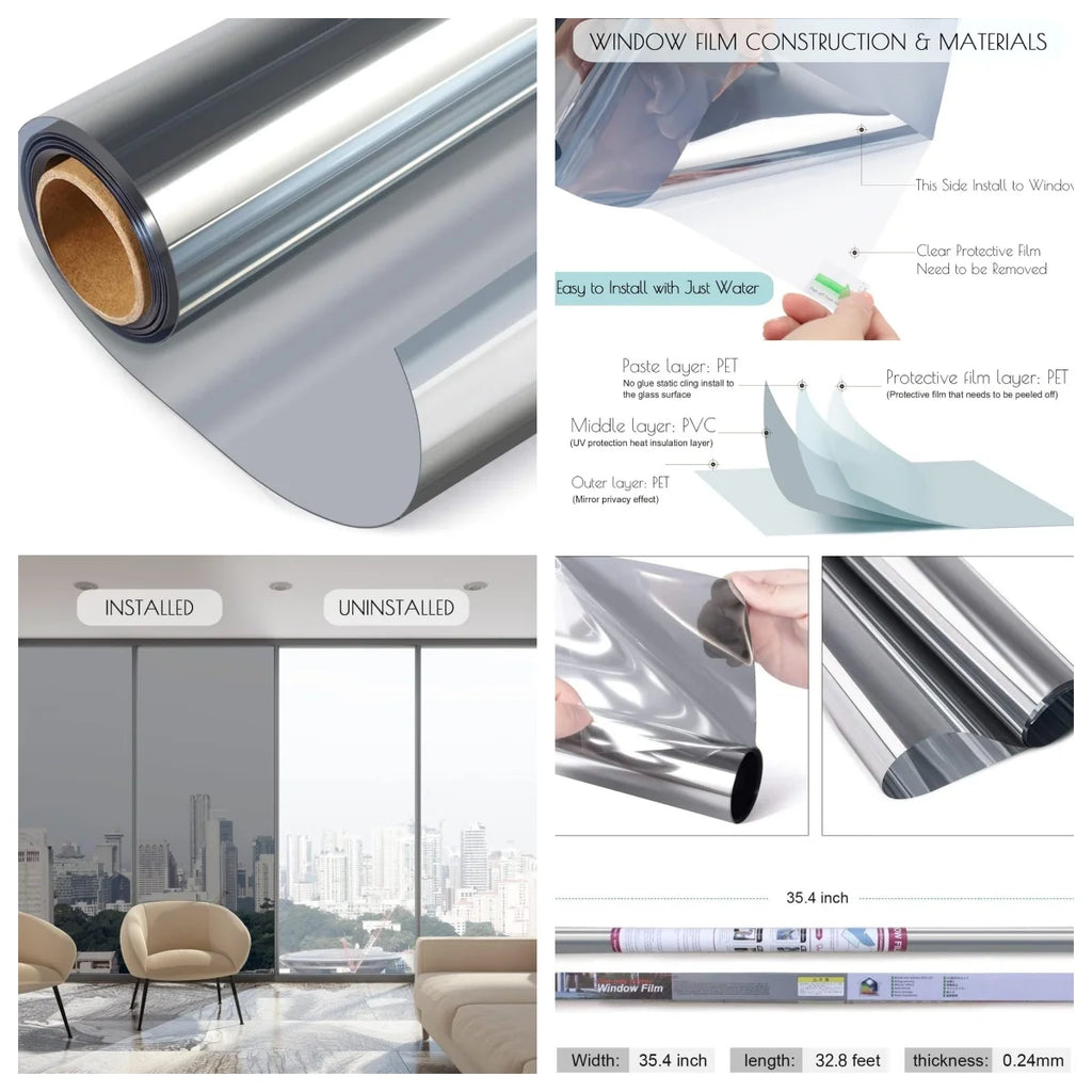 Window Film One Way Mirror Tint Vinyl Daytime Privacy Static Non-Adhesive Decorative Heat Control Anti UV Window Covering Silver