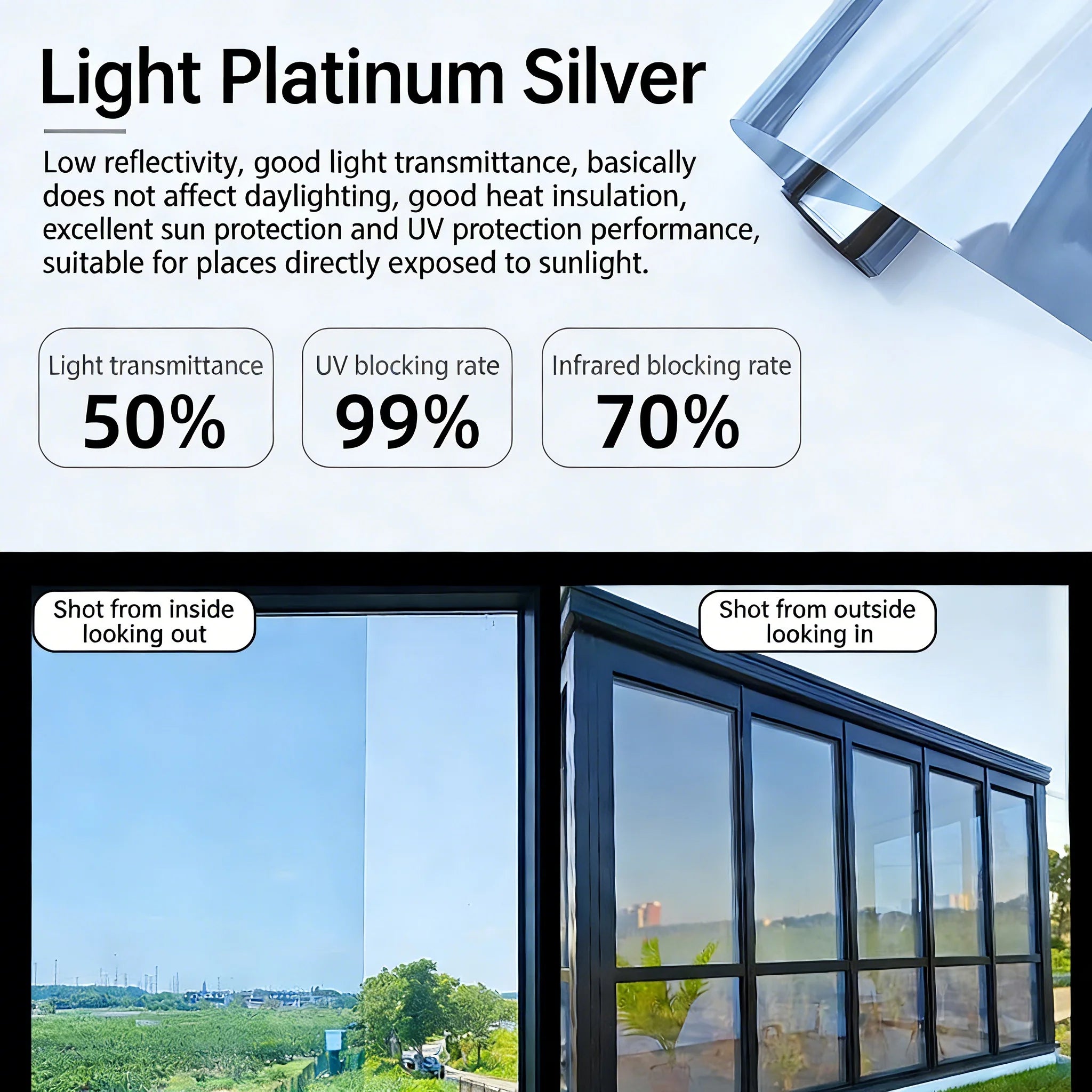 One Way Mirror Window Film Sun Block Heat Control Reflective Privacy for Home Glass Door Anti Peeping UV Protection