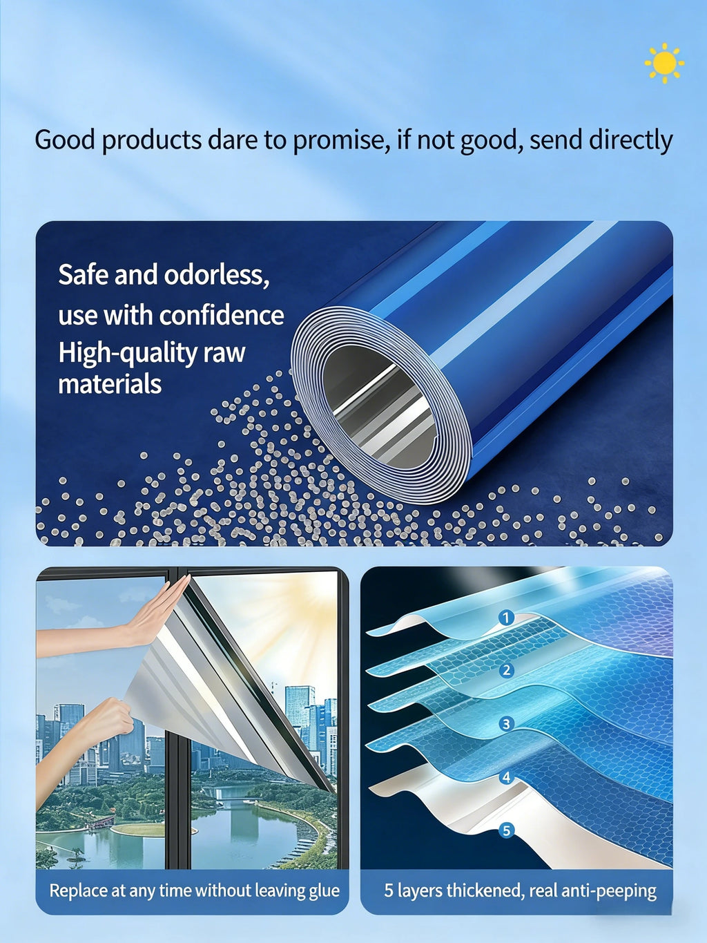 One Way Mirror Window Film, Daytime Privacy See Out Not In, Static Cling Sun Control Tint for Home and Office Windows