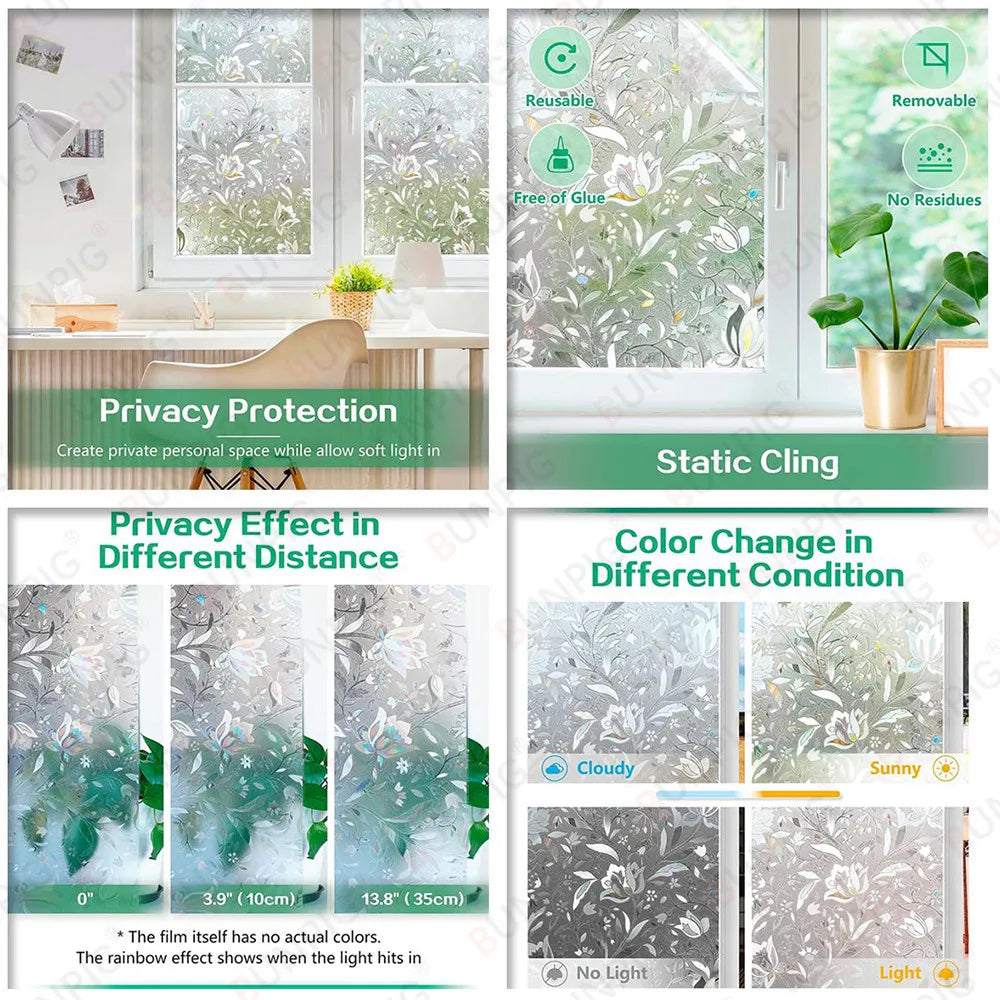 Window Privacy Film Rainbow Static Clings Heat Control Window Insulation Sun UV Protection Glass Vinyl Film for Home