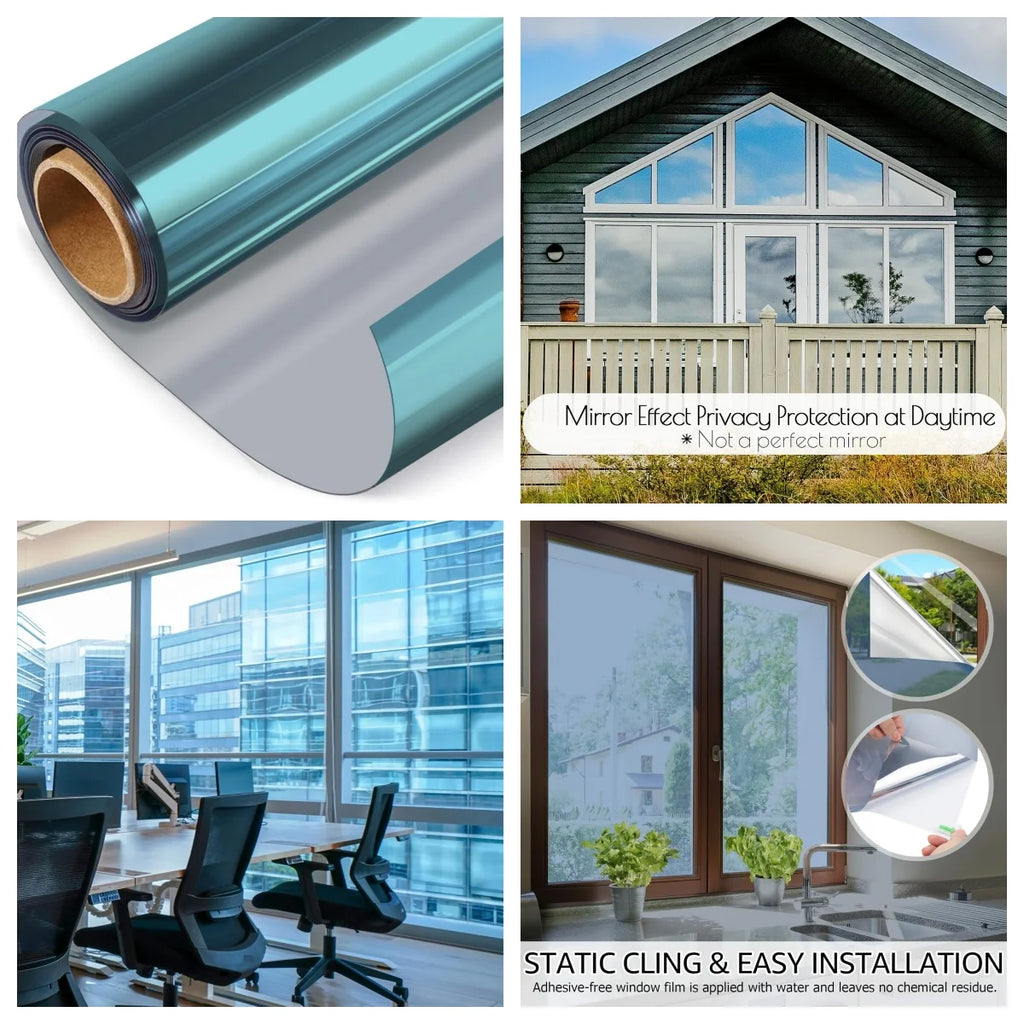 Window Film One Way Mirror Tint Vinyl Daytime Privacy Static Non-Adhesive Decorative Heat Control Anti UV Window Covering Silver
